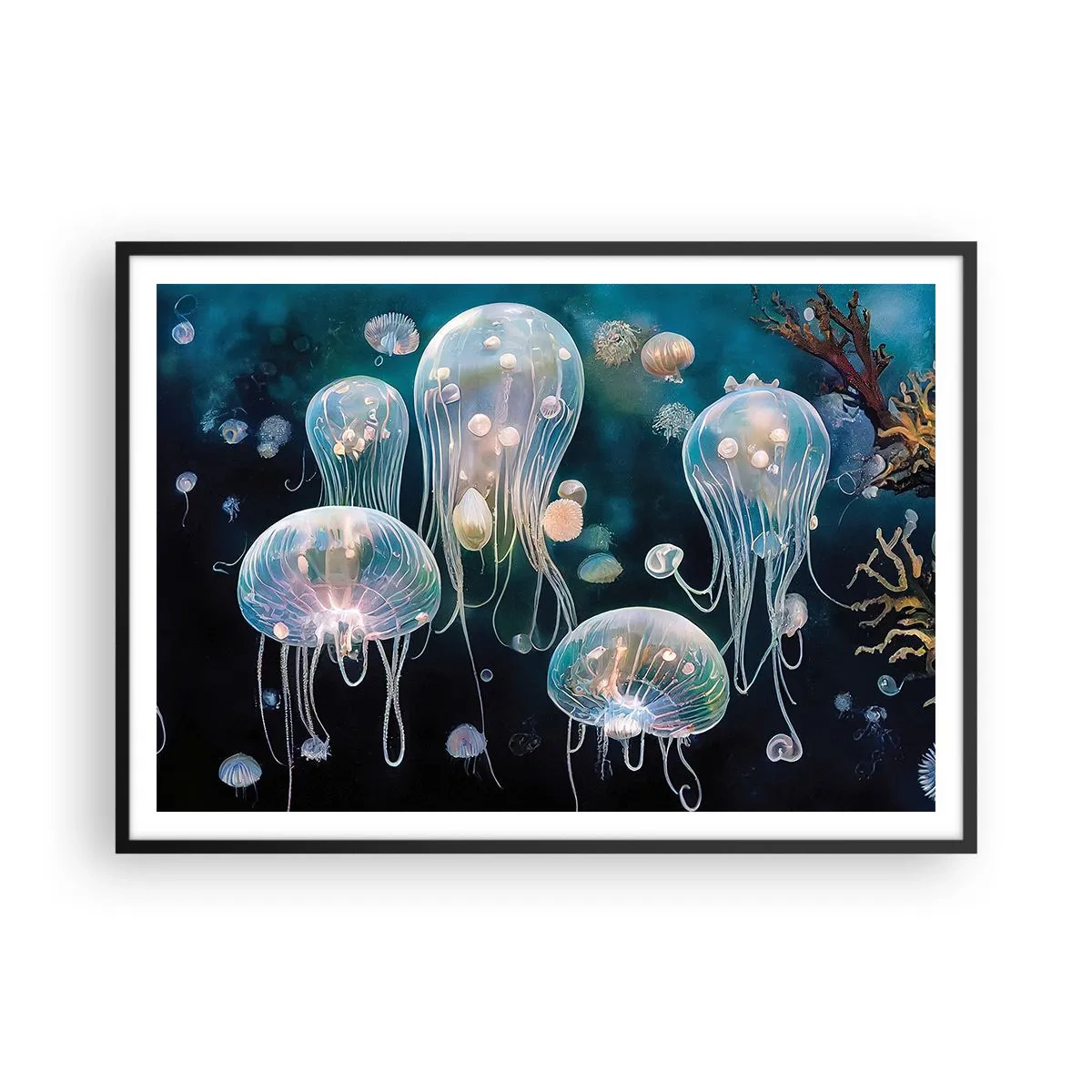 Poster in einem schwarzem Rahmen - Zarte Quallen in der Unterwasserwelt - 100x70cm - Unterwasserball - Moderne Wanddekoration für Wohnzimmer und Schlafzimmer ARTTOR