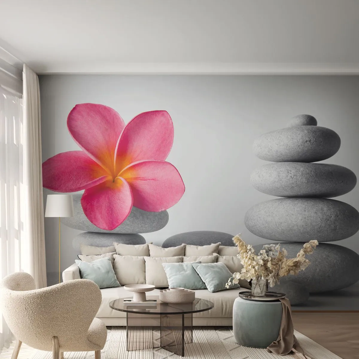 Fototapete Premium Sand - Eine rosa Blume auf Steinen, die in harmonischen Stapeln angeordnet sind - 100x70cm - Stein auf Stein und auf diesem Stein... - Moderne Wanddekoration für Wohnzimmer und Schlafzimmer ARTTOR
