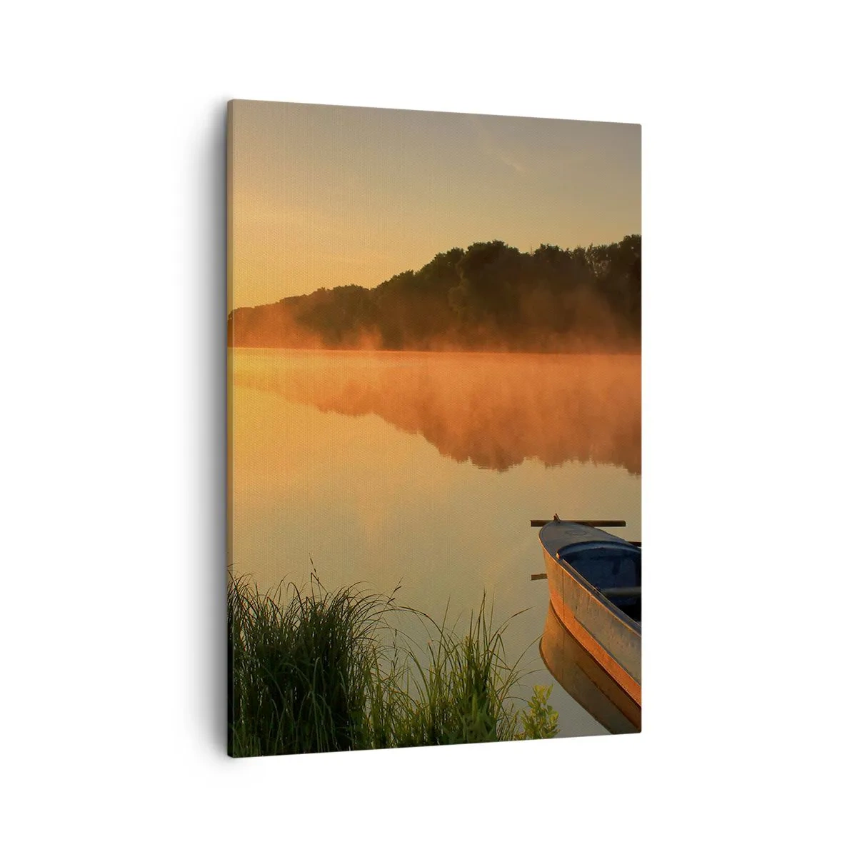 Bild auf Leinwand - Leinwandbild - Morgennebel über dem Fluss mit einem Boot in den Sonnenstrahlen - 50x70cm - Sonnenaufgang über dem Wasser wie ein Spiegel - Moderne Wanddekoration für Wohnzimmer und Schlafzimmer ARTTOR