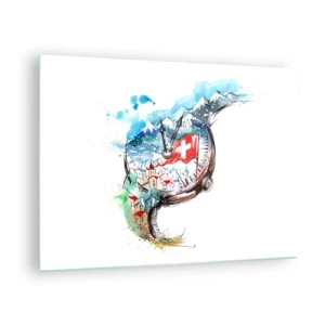 Glasbild - Bild auf glas - Aquarell einer Schweizer Landschaft mit einer Flagge und einer Uhr - 70x50cm - Der Geist der Schweiz - Moderne Wanddekoration für Wohnzimmer und Schlafzimmer ARTTOR