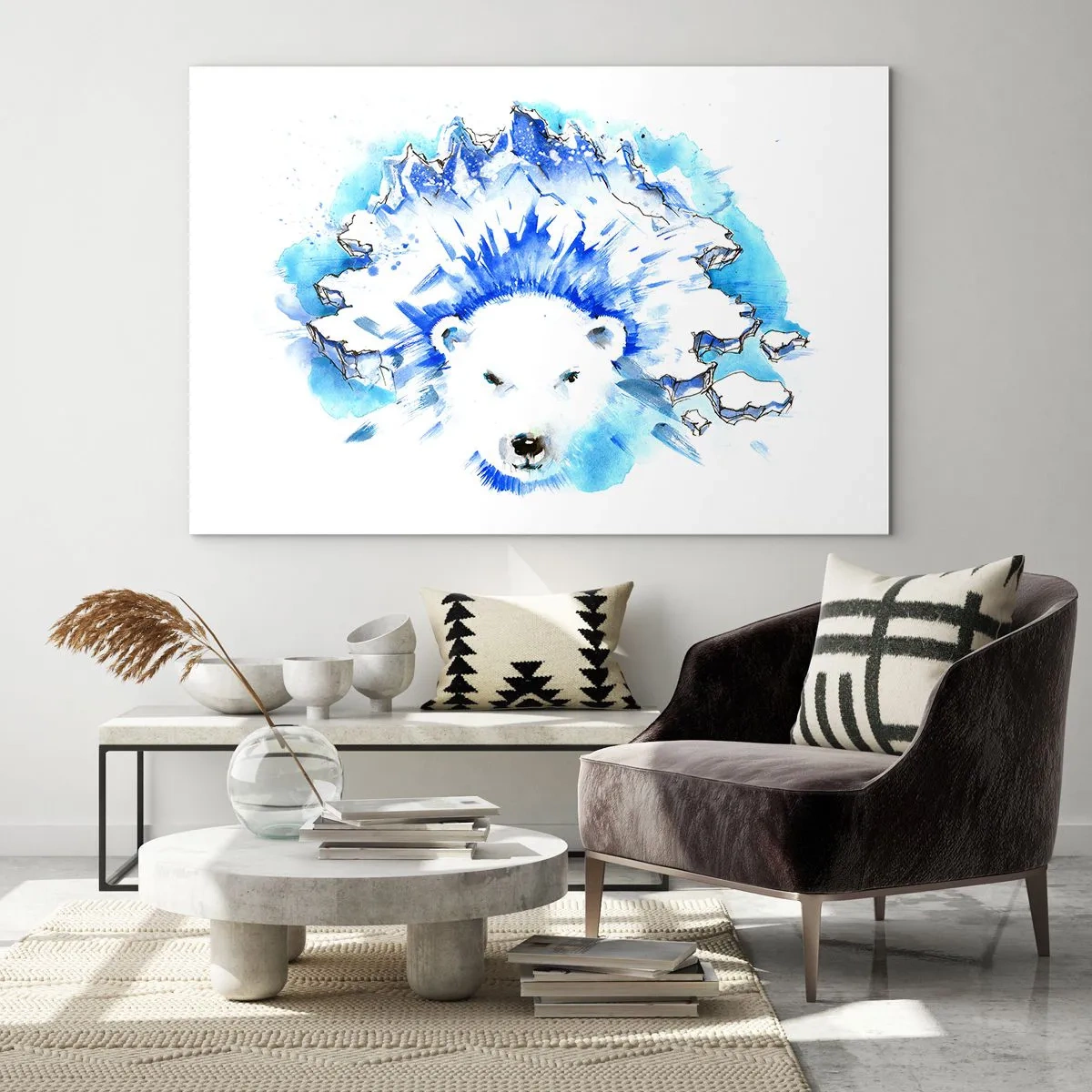 Glasbild - Bild auf glas - Ein Eisbär vor dem Hintergrund eisiger Berge in Blautönen. - 70x50cm - Der König der Arktis in einer Eiskrone - Moderne Wanddekoration für Wohnzimmer und Schlafzimmer ARTTOR