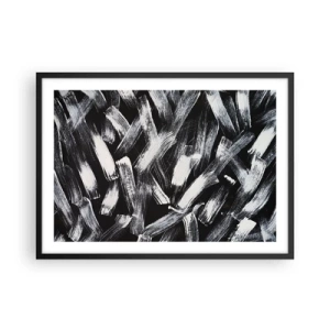 Poster in einem schwarzem Rahmen - Dynamische Abstraktion mit weißen Pinselstrichen auf schwarzem Hintergrund. - 70x50cm - Abstraktion im industriellen Geist - Moderne Wanddekoration für Wohnzimmer und Schlafzimmer ARTTOR