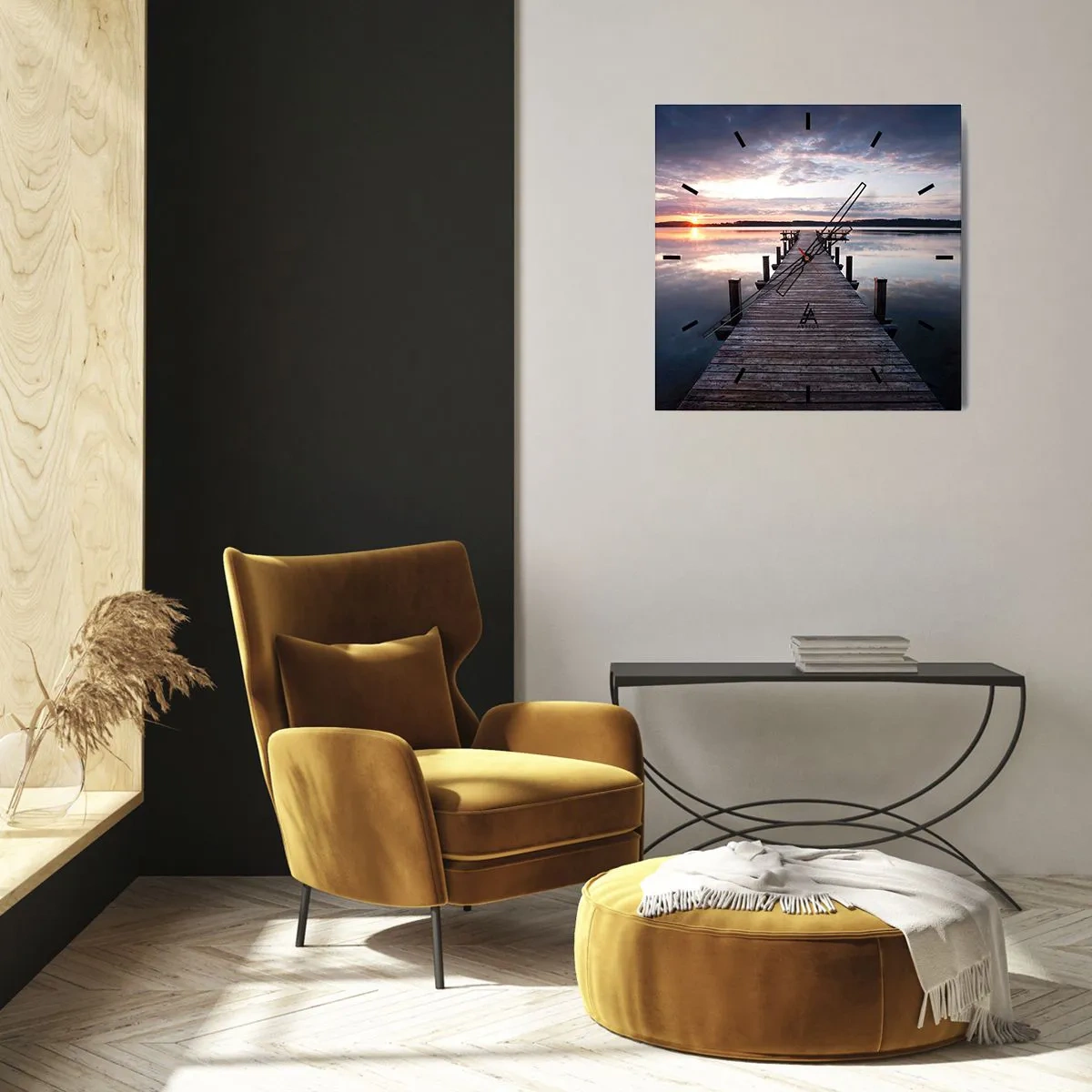 Wanduhr - Glasuhr - Ein Pier an einem See bei Sonnenuntergang in einer friedlichen Landschaft - 30x30cm - Eine stille Grenze zwischen Tag und Nacht - Moderne Wanddekoration für Wohnzimmer und Schlafzimmer ARTTOR