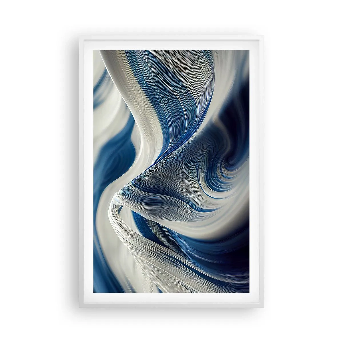 Poster in einem weißen Rahmen - Fließfähigkeit von Blau und Weiß - 61x91 cm