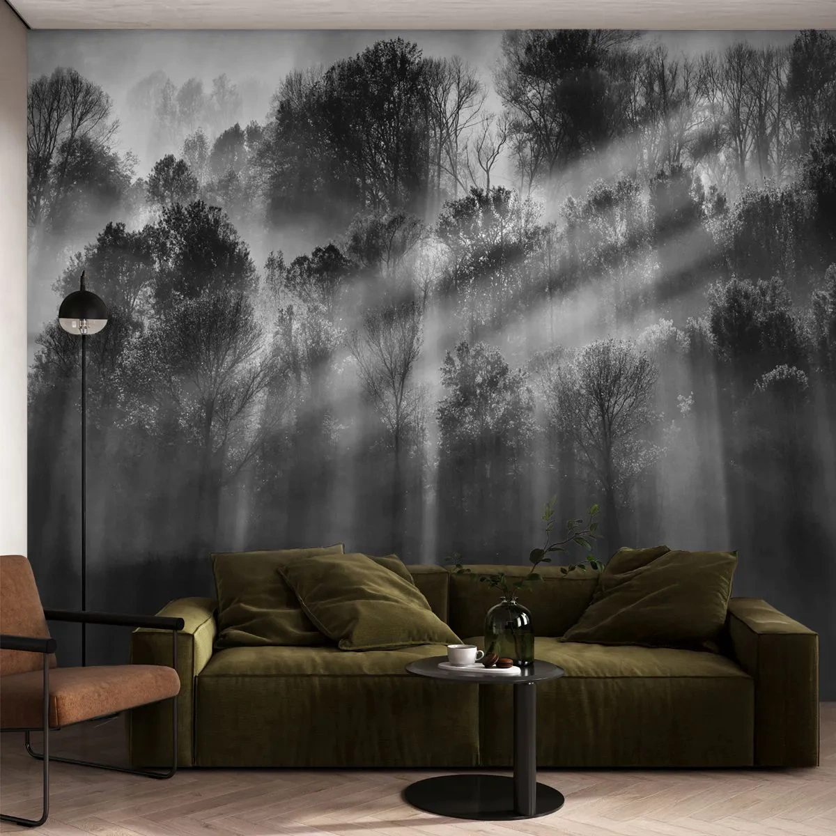 Fototapete Premium Sand - Schwarz-weißer Wald mit Lichtstrahlen, die durch die Bäume scheinen - 100x70cm - In Lichtstrahlen - Moderne Wanddekoration für Wohnzimmer und Schlafzimmer ARTTOR