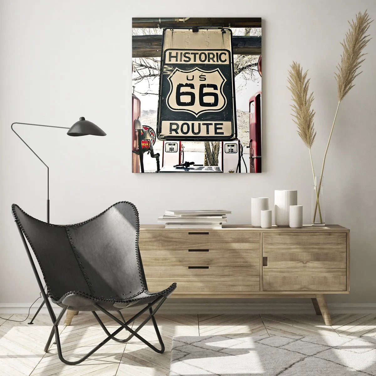 Glasbild - Bild auf glas - Historische Tankstelle an der Route 66 - 80x120cm - Amerikanische Retro-Reise - Moderne Wanddekoration für Wohnzimmer und Schlafzimmer ARTTOR