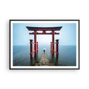 Poster in einem schwarzem Rahmen - Ein Torii-Tor mit Blick auf einen ruhigen See in Japan - 100x70cm - Japanische Träumerei - Moderne Wanddekoration für Wohnzimmer und Schlafzimmer ARTTOR