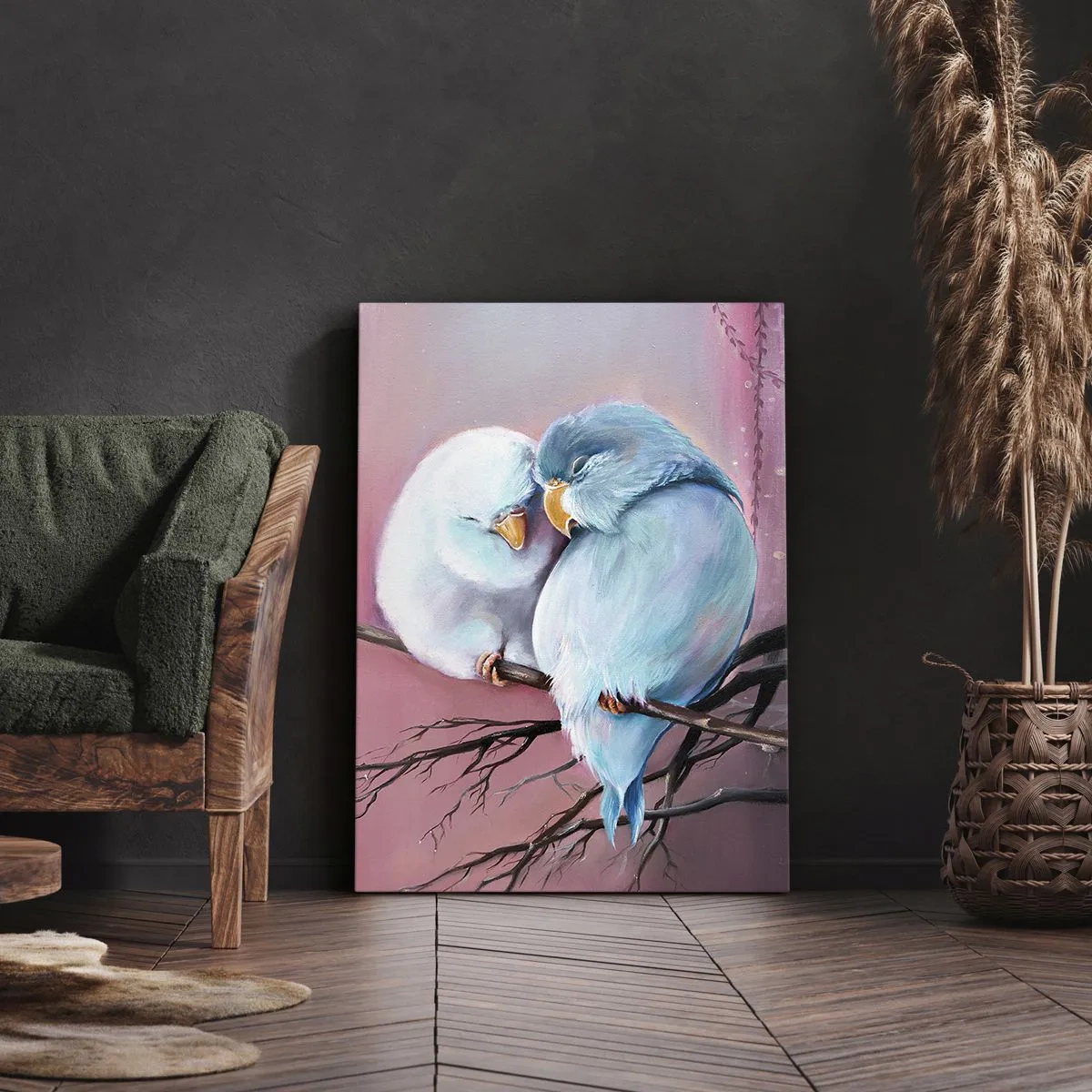 Bild auf Leinwand - Leinwandbild - Zwei verliebte Vögel auf einem Ast auf rosa Hintergrund - 50x70cm - Was kann ich hier hinzufügen? ... - Moderne Wanddekoration für Wohnzimmer und Schlafzimmer ARTTOR