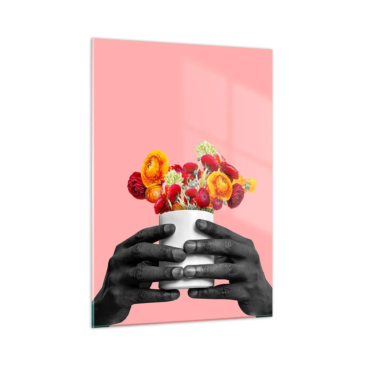 Glasbild - Bild auf glas - Schwarz-weiße Hände halten einen bunten Blumenstrauß - 50x70cm - Die Apotheose des Lebens - Moderne Wanddekoration für Wohnzimmer und Schlafzimmer ARTTOR