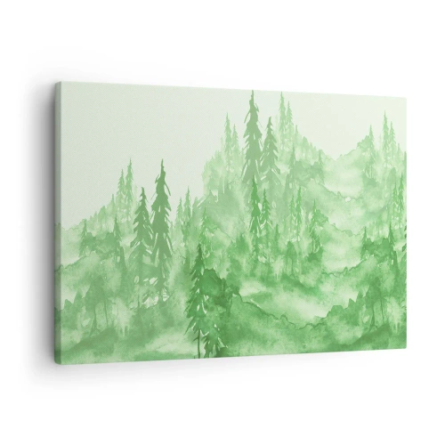 Bild auf Leinwand - Leinwandbild - Grüner Wald im Aquarellstil auf hellem Hintergrund - 70x50cm - Verschwommen mit grünem Nebel - Moderne Wanddekoration für Wohnzimmer und Schlafzimmer ARTTOR
