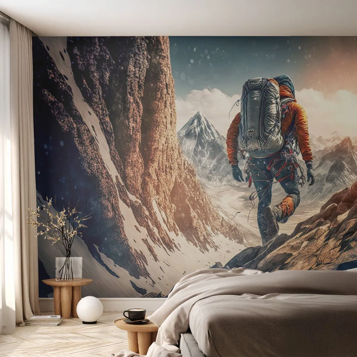 Fototapete Standard Eco - Ein Bergsteiger vor der Kulisse schneebedeckter Berge am Morgen - 100x70cm - Einsamer Krieger - Moderne Wanddekoration für Wohnzimmer und Schlafzimmer ARTTOR