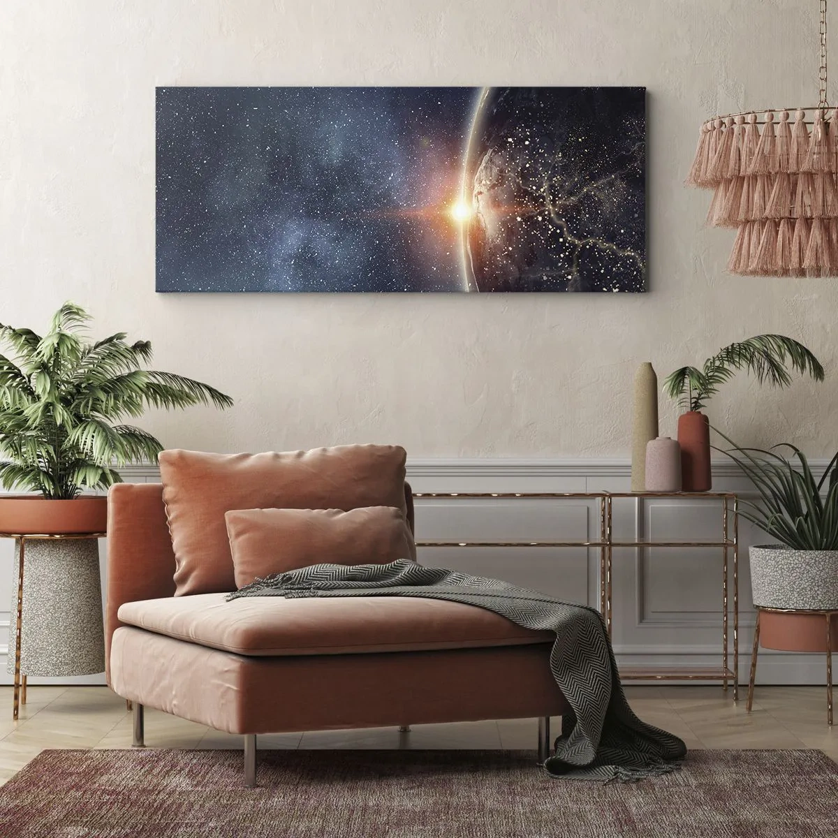 Bild auf Leinwand - Leinwandbild - Die Erde vom Weltraum aus gesehen mit der aufgehenden Sonne - 160x50cm - In einer neuen Perspektive - Moderne Wanddekoration für Wohnzimmer und Schlafzimmer ARTTOR