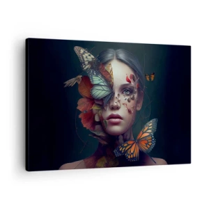 Bild auf Leinwand - Leinwandbild - Porträt einer Frau mit Schmetterlingen und Pflanzenelementen - 70x50cm - Wunderbare Metamorphose - Moderne Wanddekoration für Wohnzimmer und Schlafzimmer ARTTOR