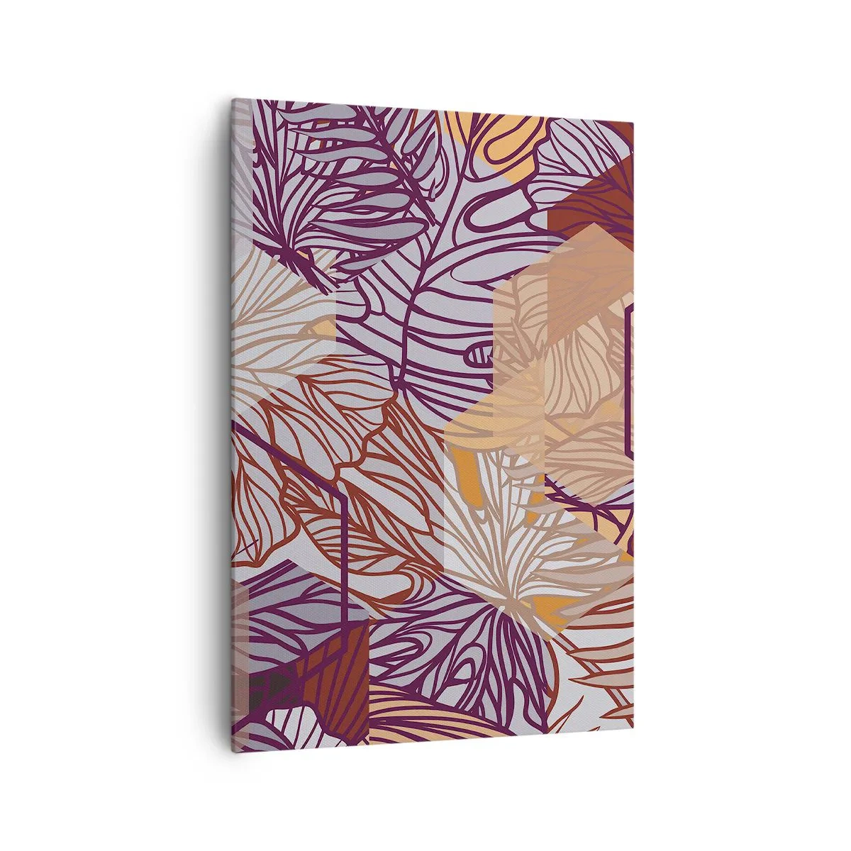 Bild auf Leinwand - Leinwandbild - Ein dekoratives tropisches Blattmuster in Lila-, Orange- und Beigetönen. - 70x100cm - Unmögliche Beziehung zwischen Geometrie und Natur - Moderne Wanddekoration für Wohnzimmer und Schlafzimmer ARTTOR