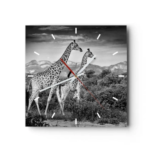 Wanduhr - Glasuhr - Schwarz-weiße Silhouetten zweier Giraffen in der Savanne - 30x30cm - Hohe Sphären in Afrika - Moderne Wanddekoration für Wohnzimmer und Schlafzimmer ARTTOR