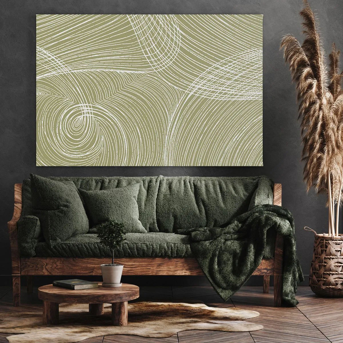 Bild auf Leinwand - Leinwandbild - Grüne und weiße Linien in einer abstrakten Komposition - 100x70cm - Komplizierte Abstraktion in Weiß - Moderne Wanddekoration für Wohnzimmer und Schlafzimmer ARTTOR