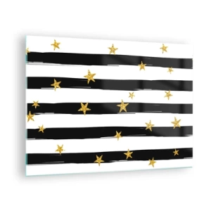 Glasbild - Bild auf glas - Schwarz-weiße Streifen mit goldenen Sternen - 70x50cm - Wir wurden alle unter einem glücklichen Stern geboren - Moderne Wanddekoration für Wohnzimmer und Schlafzimmer ARTTOR