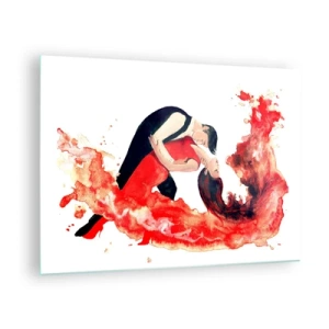 Glasbild - Bild auf glas - Ein tanzendes Paar in einer dynamischen, roten Aquarellkomposition - 70x50cm - Tango - eine sinnliche Welle - Moderne Wanddekoration für Wohnzimmer und Schlafzimmer ARTTOR