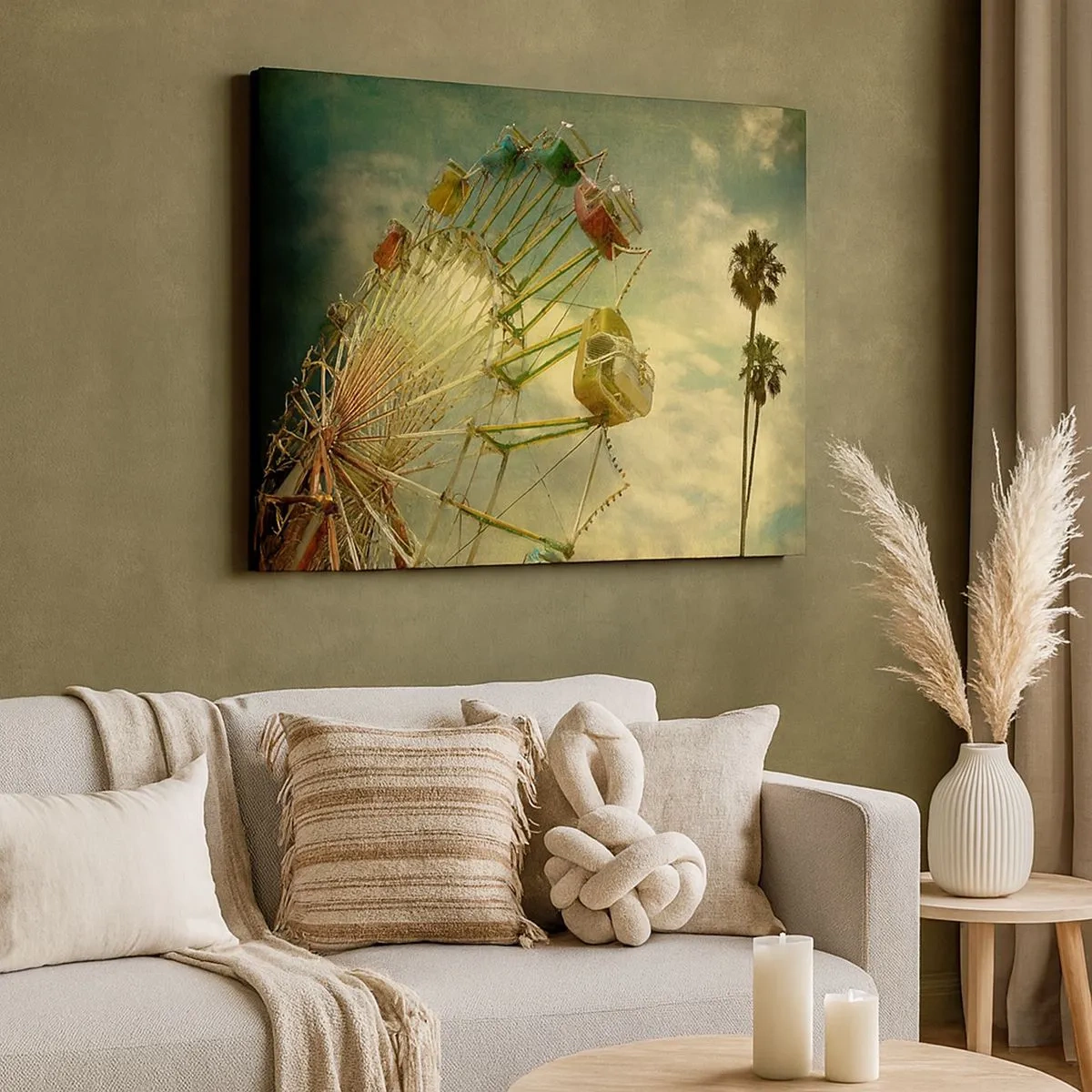 Bild auf Leinwand - Leinwandbild - Retro-Foto von einem Riesenrad mit Palmen gegen den Himmel - 70x50cm - Es wird Spaß geben ... - Moderne Wanddekoration für Wohnzimmer und Schlafzimmer ARTTOR