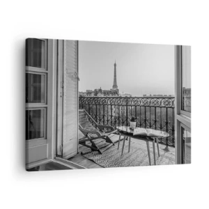 Bild auf Leinwand - Leinwandbild - Blick auf den Eiffelturm vom Balkon mit Liegestühlen und Tisch - 70x50cm - Pariser Nachmittag - Moderne Wanddekoration für Wohnzimmer und Schlafzimmer ARTTOR