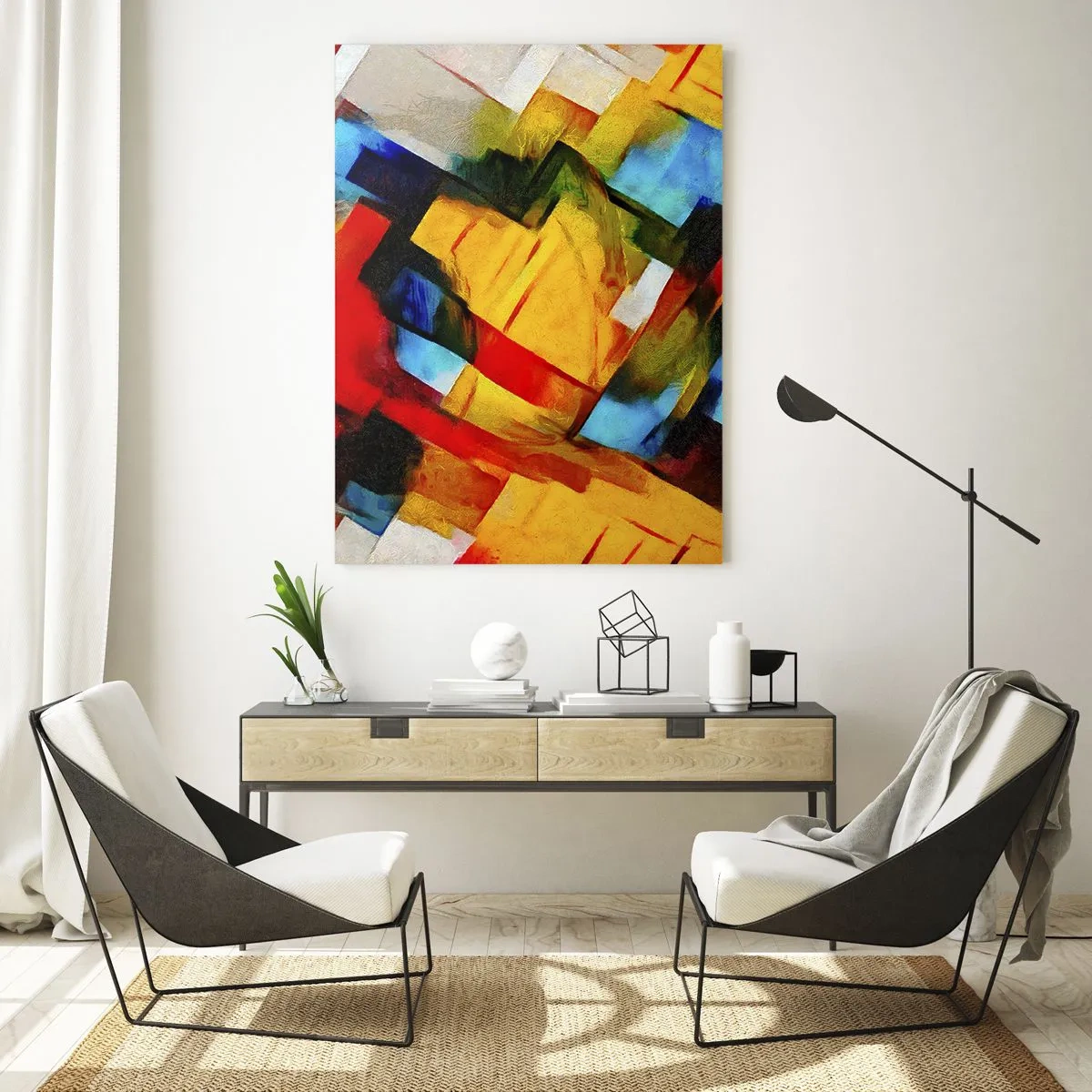 Glasbild - Bild auf glas - Abstrakte geometrische Komposition in lebendigen Farben - 80x120cm - Ein bunter Interleaver - Moderne Wanddekoration für Wohnzimmer und Schlafzimmer ARTTOR