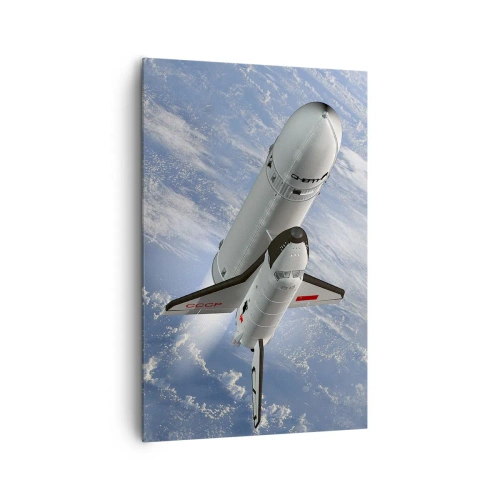 Bild auf Leinwand - Leinwandbild - Eine Weltraumrakete steigt vor dem Hintergrund der Erde auf - 80x120cm - Kosmischer Aufstieg - Moderne Wanddekoration für Wohnzimmer und Schlafzimmer ARTTOR