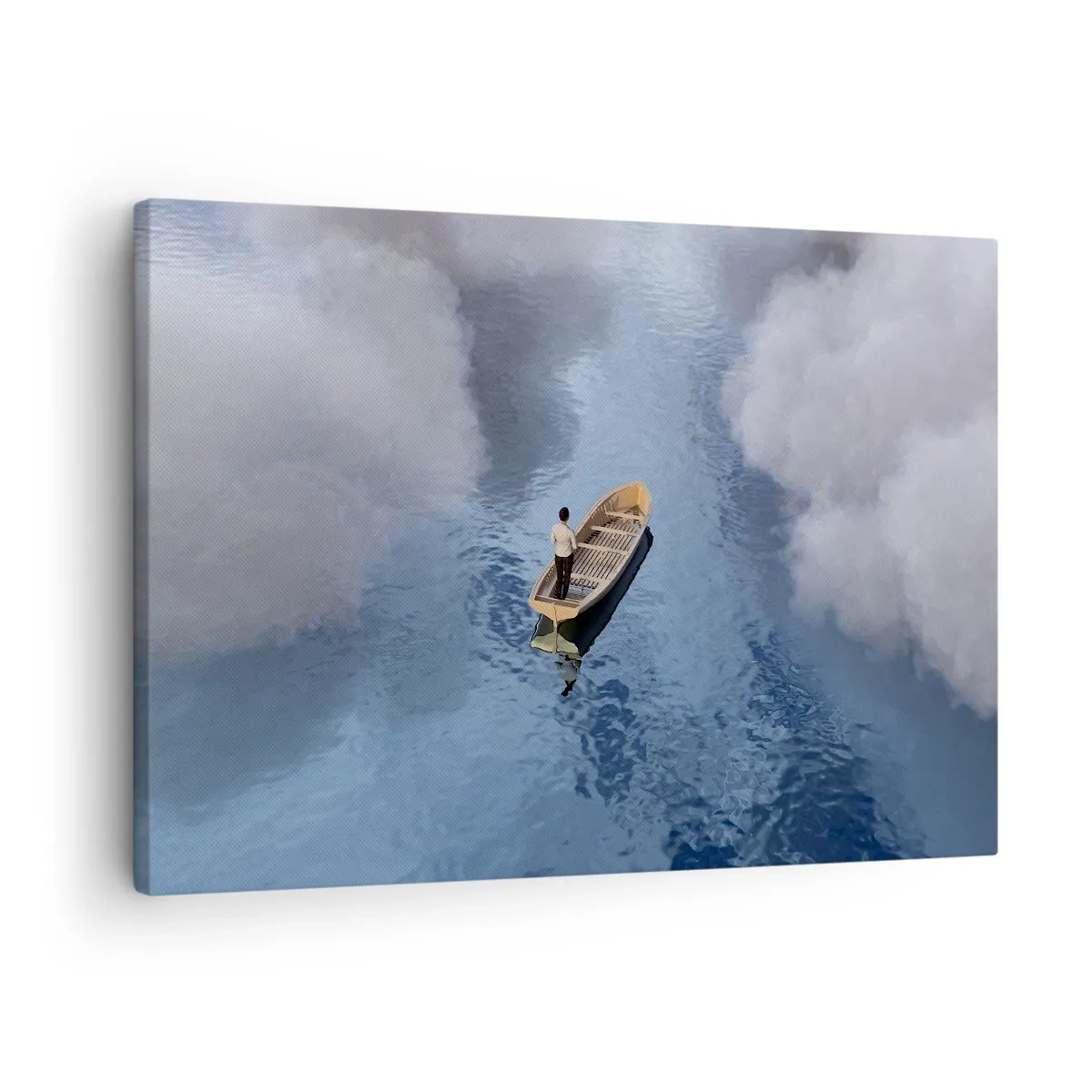 Bild auf Leinwand - Leinwandbild - Ein Mann in einem Boot auf einem ruhigen Meer, umgeben von Wolken - 70x50cm - Leben – Reise – unbekannt - Moderne Wanddekoration für Wohnzimmer und Schlafzimmer ARTTOR