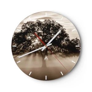 Wanduhr - Glasuhr - Baum in einer nebligen Szene im Morgengrauen in Sepia - 30x30cm - Baum der guten Nachrichten  - Moderne Wanddekoration für Wohnzimmer, Küche und Schlafzimmer ARTTOR