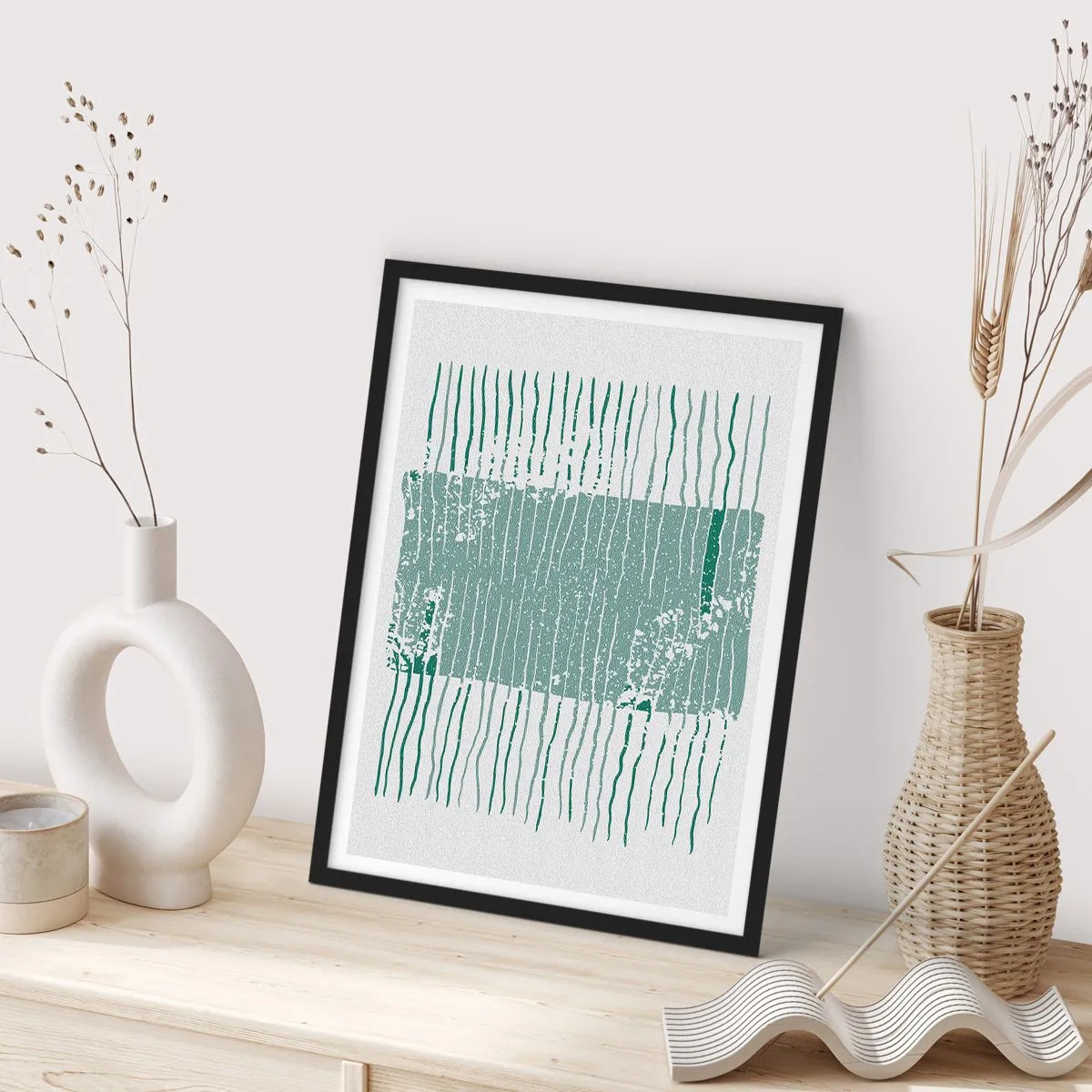 Poster in einem schwarzem Rahmen - Eine minimalistische Komposition aus Linien und Texturen in Grüntönen. - 50x70cm - Marine Abstraktion - Moderne Wanddekoration für Wohnzimmer und Schlafzimmer ARTTOR