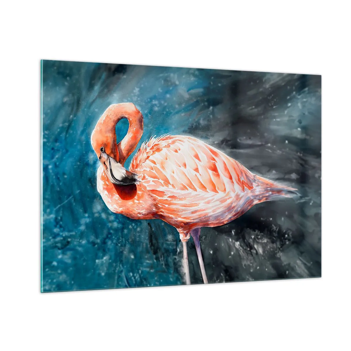 Glasbild - Bild auf glas - Ein rosa Flamingo vor einem blauen Aquarellhintergrund - 100x70cm - Von Natur aus dekorativ - Moderne Wanddekoration für Wohnzimmer und Schlafzimmer ARTTOR