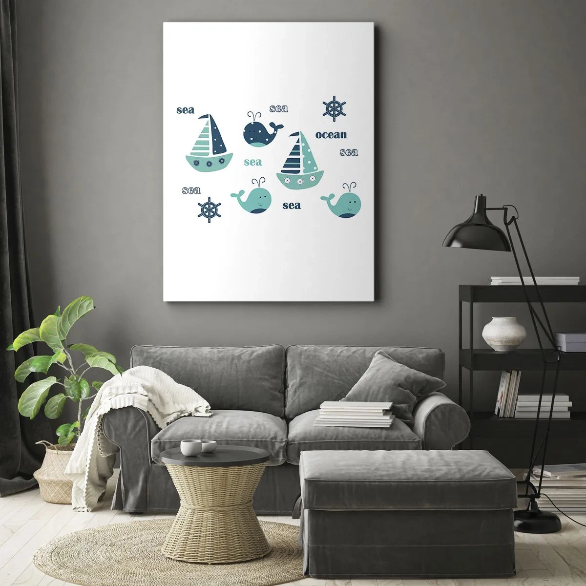 Bild auf Leinwand - Leinwandbild - Bezaubernde nautische Motive mit Walen und Segelbooten - 50x70cm - Über die Meere und Ozeane - Moderne Wanddekoration für Wohnzimmer und Schlafzimmer ARTTOR