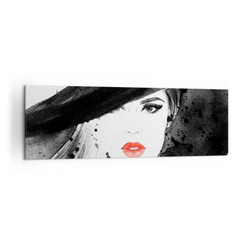 Bild auf Leinwand - Leinwandbild - Porträt einer Frau mit Hut und roten Lippen - 160x50cm - Frau in schwarz - Moderne Wanddekoration für Wohnzimmer und Schlafzimmer ARTTOR