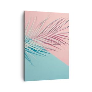 Bild auf Leinwand - Leinwandbild - Tropisches Blatt vor einem Hintergrund in Pastelltönen von Rosa und Blau - 50x70cm - Tropischer Eindruck - Moderne Wanddekoration für Wohnzimmer und Schlafzimmer ARTTOR