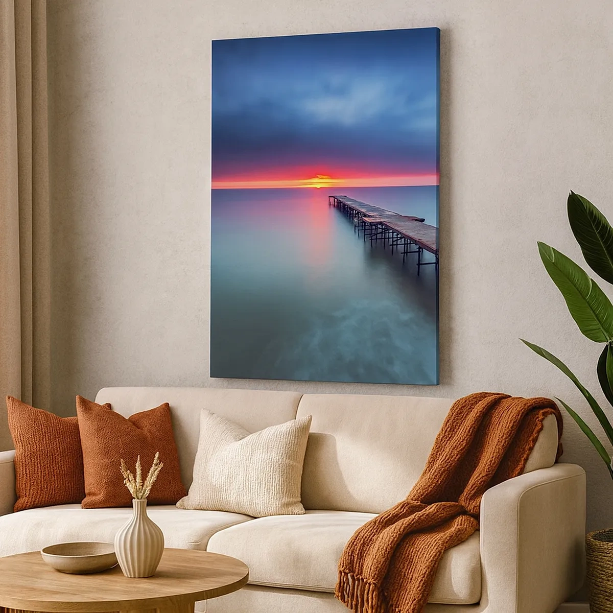 Bild auf Leinwand - Leinwandbild - Ein Holzsteg, der bei Sonnenuntergang direkt aufs Meer hinausführt - 50x70cm - Zwischen Himmel und Erde - Moderne Wanddekoration für Wohnzimmer und Schlafzimmer ARTTOR