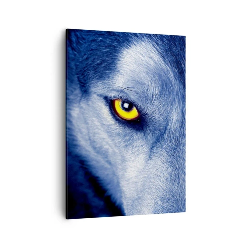 Bild auf Leinwand - Leinwandbild - Nahaufnahme des intensiven Blicks eines Wolfes vor dunklem Hintergrund - 50x70cm - Faszinierender Blick - Moderne Wanddekoration für Wohnzimmer und Schlafzimmer ARTTOR