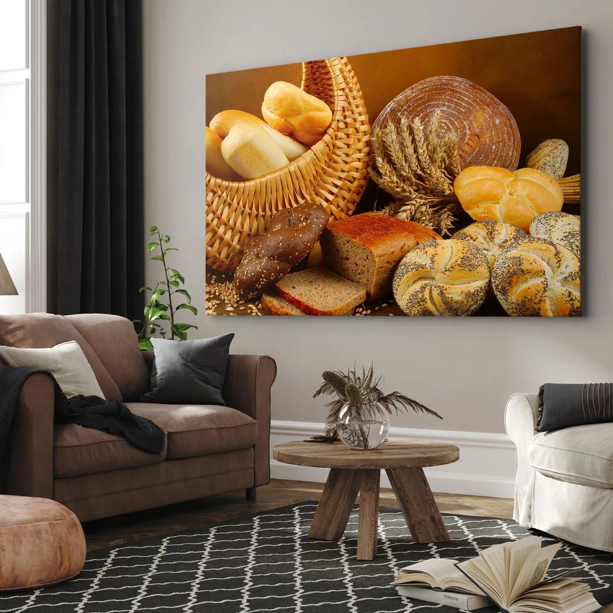 Bild auf Leinwand - Leinwandbild - Verschiedene Brotsorten in einem Weidenkorb auf goldenem Hintergrund - 70x50cm - Wir sind wieder davongekommen - Moderne Wanddekoration für Wohnzimmer und Schlafzimmer ARTTOR
