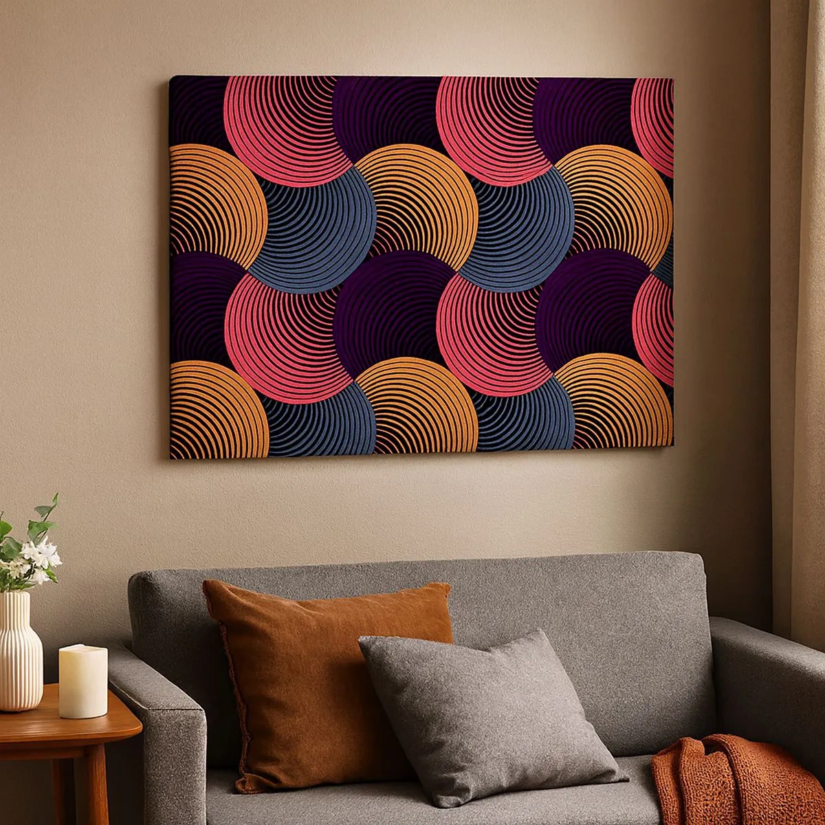 Bild auf Leinwand - Leinwandbild - Geometrische Kreise in Rosa-, Lila- und Goldtönen - 70x50cm - Im kreisenden Rhythmus - Moderne Wanddekoration für Wohnzimmer und Schlafzimmer ARTTOR