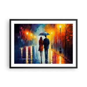 Poster in einem schwarzem Rahmen - Ein Paar unter einem Regenschirm, das durch eine farbenfrohe Nachtstadt spaziert - 70x50cm - Gemeinsam – eine bunte Nacht - Moderne Wanddekoration für Wohnzimmer und Schlafzimmer ARTTOR