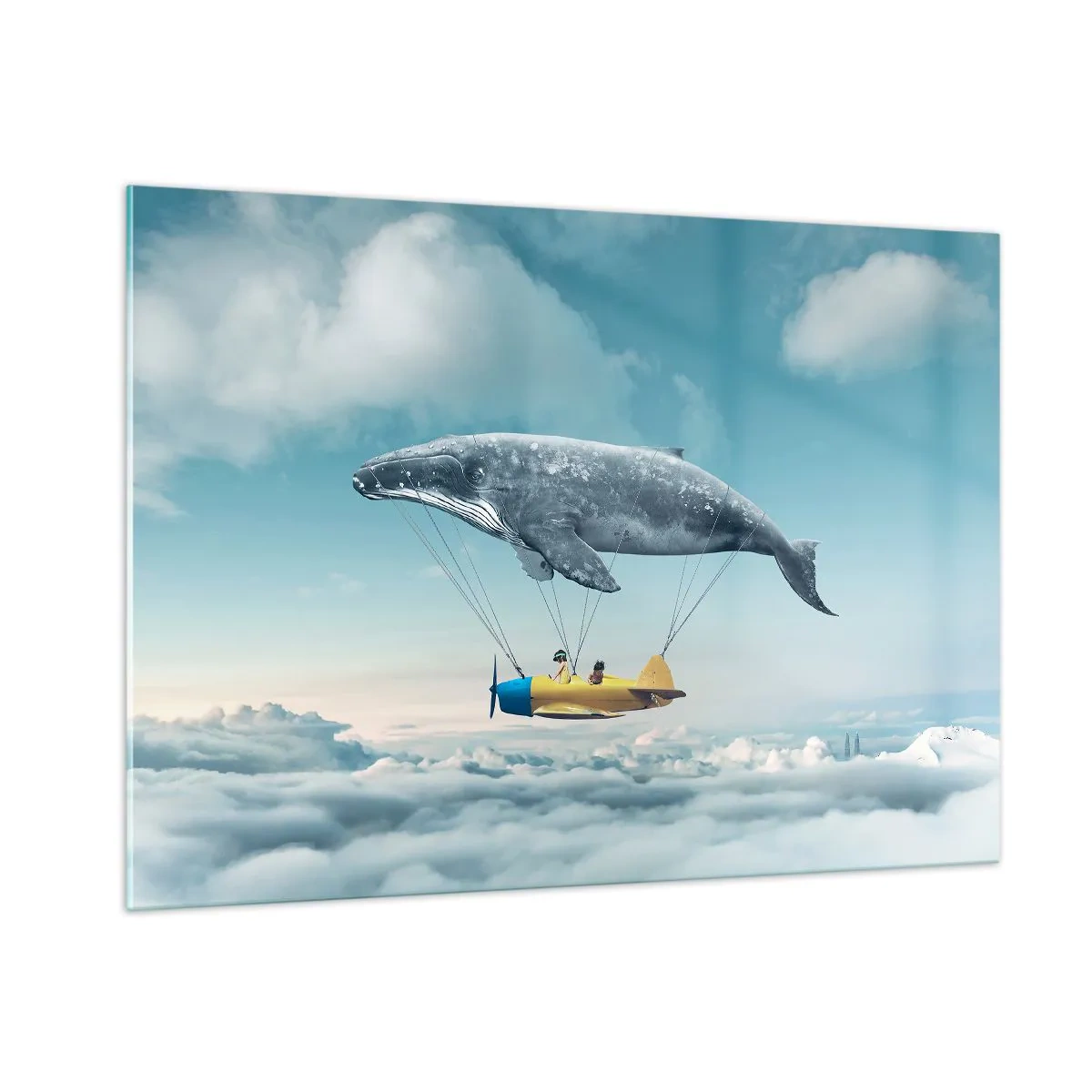 Glasbild - Bild auf glas - In einer surrealen Umgebung hebt ein Wal ein Flugzeug über die Wolken. - 100x70cm - Warum nicht? - Moderne Wanddekoration für Wohnzimmer und Schlafzimmer ARTTOR