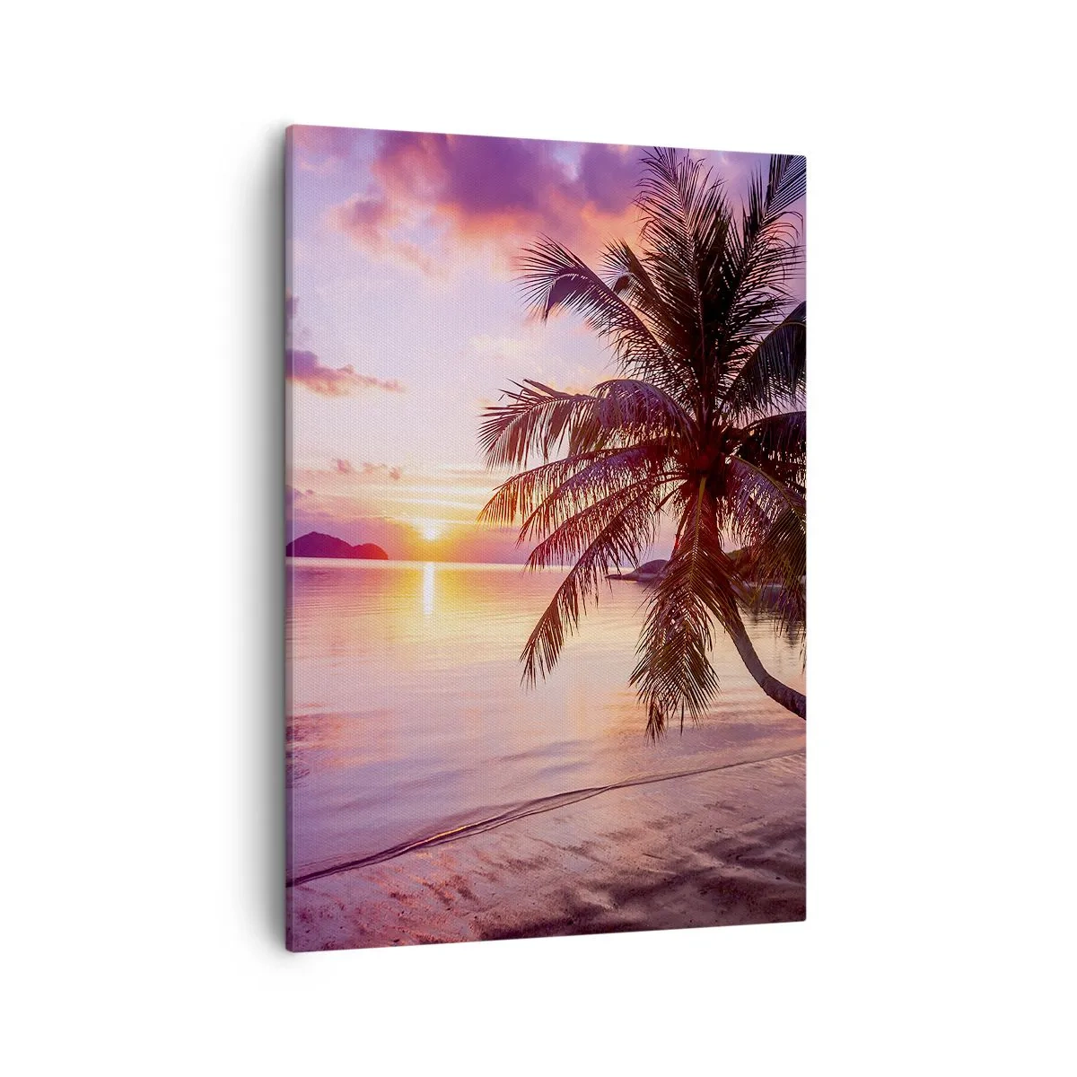 Bild auf Leinwand - Leinwandbild - Tropischer Strand mit Palmen bei Sonnenuntergang - 50x70cm - Behaglichkeit bis zum Horizont - Moderne Wanddekoration für Wohnzimmer und Schlafzimmer ARTTOR