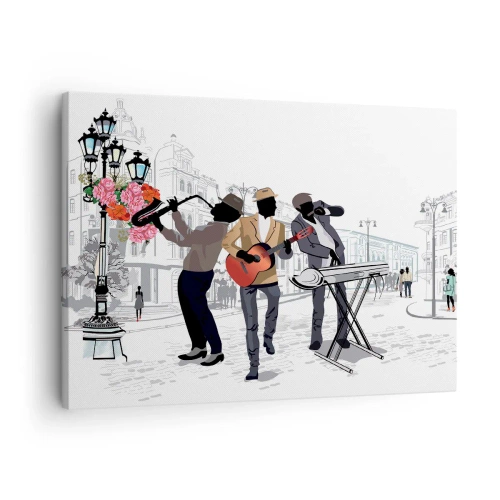 Bild auf Leinwand - Leinwandbild - Straßenmusiker spielen vor dem Hintergrund einer urbanen Landschaft - 70x50cm - Straßenmusik - Moderne Wanddekoration für Wohnzimmer und Schlafzimmer ARTTOR