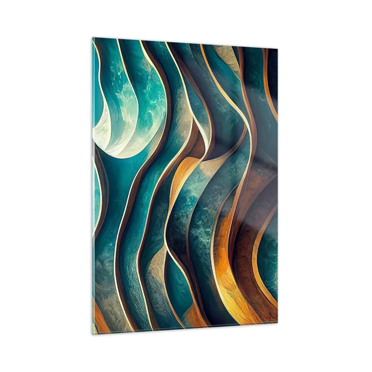 Glasbild - Bild auf glas - Dynamische Linien in Blau und Kupfer erzeugen Wellen - 50x70cm - Blaue Mäander - Moderne Wanddekoration für Wohnzimmer und Schlafzimmer ARTTOR