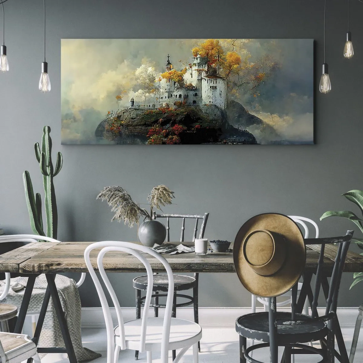Bild auf Leinwand - Leinwandbild - Ein Schloss auf einem Hügel, umgeben von herbstlichen Bäumen - 120x50cm - Beginn einer romantischen Geschichte - Moderne Wanddekoration für Wohnzimmer und Schlafzimmer ARTTOR