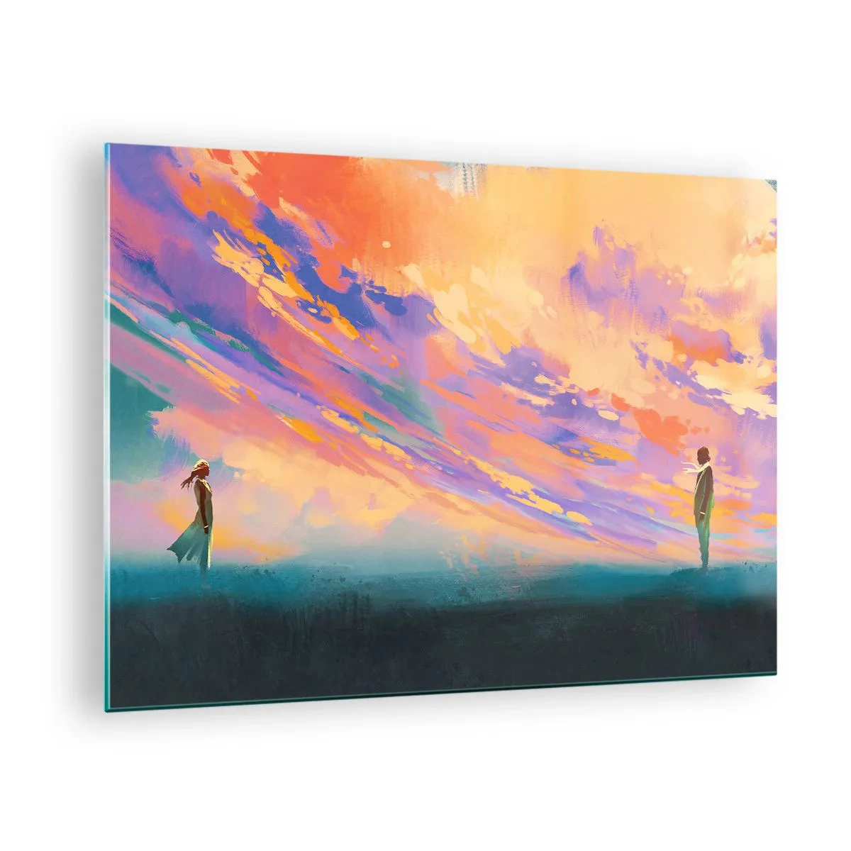 Glasbild - Bild auf glas - Zwei Menschen vor dem Hintergrund eines farbenfrohen Sonnenuntergangshimmels - 70x50cm - Die Anziehungskraft - Moderne Wanddekoration für Wohnzimmer und Schlafzimmer ARTTOR