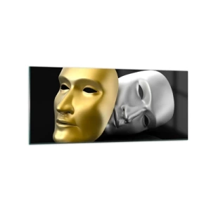 Glasbild - Bild auf glas - Gold- und Silbermaske auf schwarzem Hintergrund - 120x50cm - Das Leben ist wie ein Theater - Moderne Wanddekoration für Wohnzimmer und Schlafzimmer ARTTOR