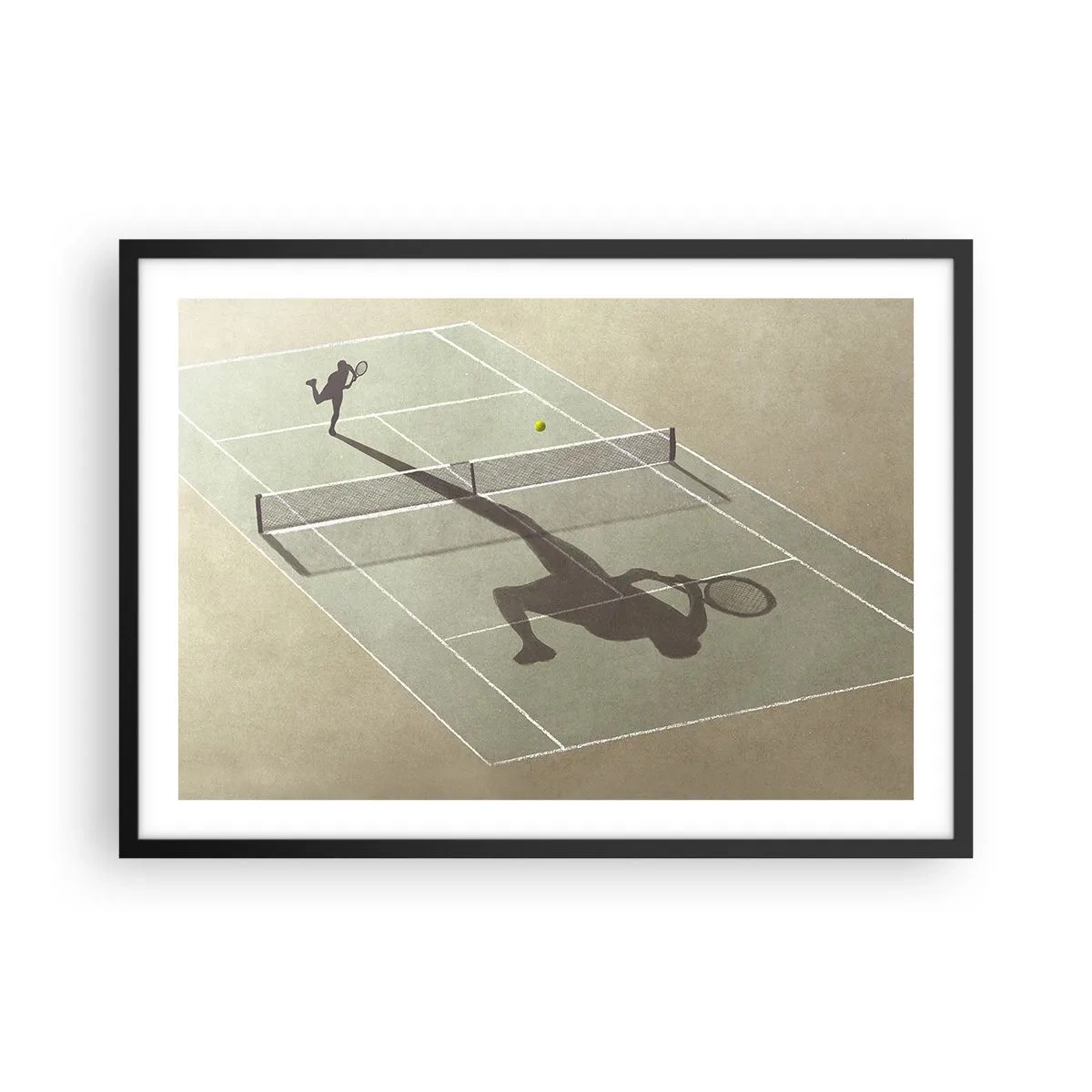 Poster in einem schwarzem Rahmen - Der Schatten eines Tennisspielers auf dem Platz während eines Tennisspiels - 70x50cm - Überwinde dich selbst - Moderne Wanddekoration für Wohnzimmer und Schlafzimmer ARTTOR