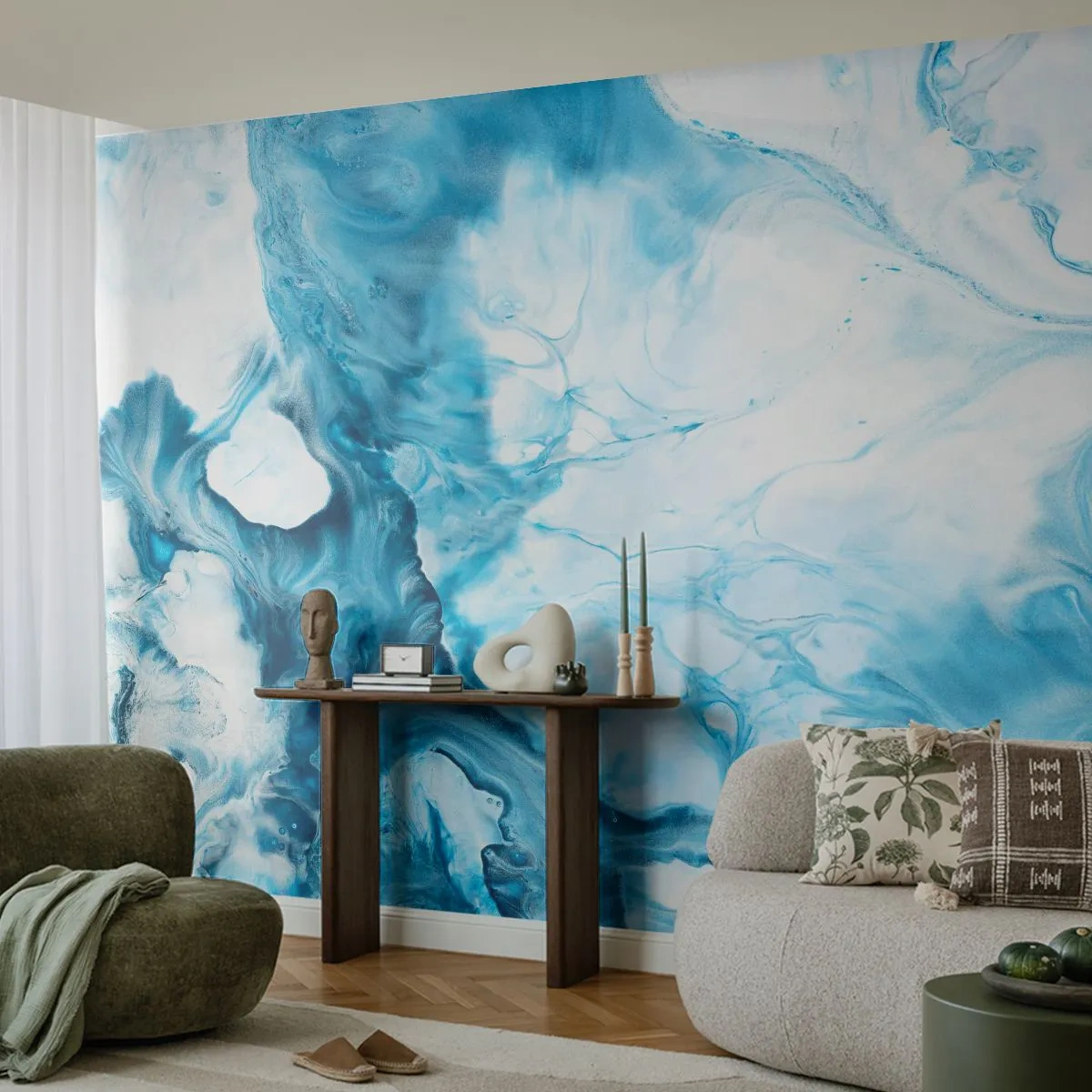 Fototapete Premium Sand - Abstrakte Komposition aus Blau und Weiß - 100x70cm - Blaues Konzert - Moderne Wanddekoration für Wohnzimmer und Schlafzimmer ARTTOR