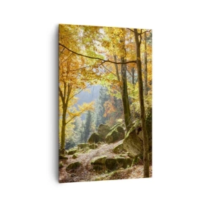Bild auf Leinwand - Leinwandbild - Ein Herbstwald voller goldener Blätter und Sonnenlicht - 80x120cm - Zeit zum Entspannen - Moderne Wanddekoration für Wohnzimmer und Schlafzimmer ARTTOR