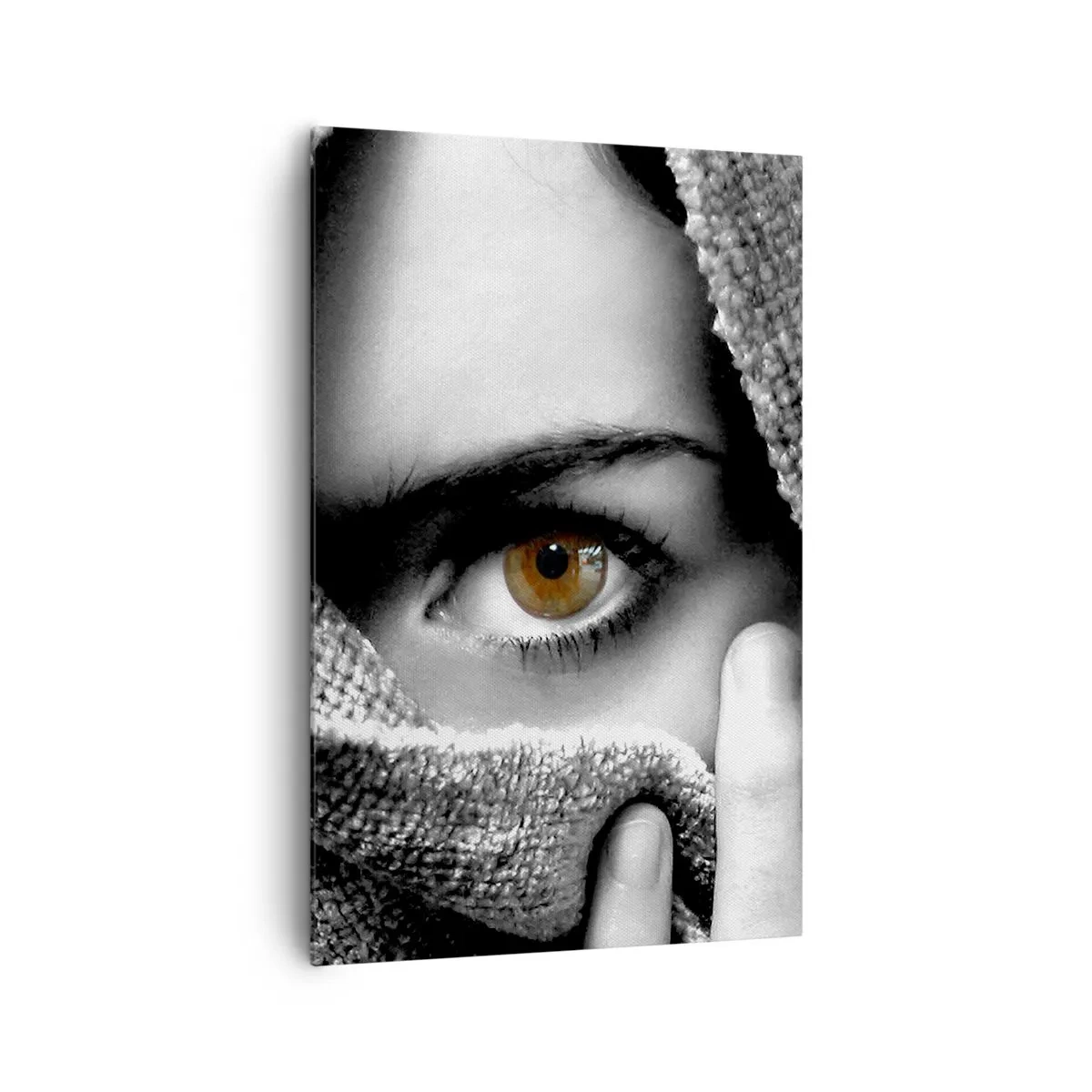 Bild auf Leinwand - Leinwandbild - Porträt einer Frau mit bernsteinfarbenen Augen, bedeckt mit einem Stoff in Grautönen. - 80x120cm - Erfahre das Geheimnis - Moderne Wanddekoration für Wohnzimmer und Schlafzimmer ARTTOR