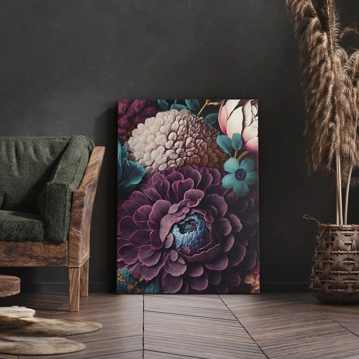 Bild auf Leinwand - Leinwandbild - Ein Blumenstrauß in intensiven Farben auf dunklem Hintergrund - 70x100cm - Natur in Hülle und Fülle - Moderne Wanddekoration für Wohnzimmer und Schlafzimmer ARTTOR